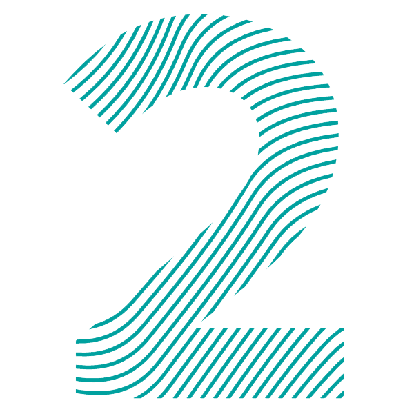 A large number '2' designed with thin, wavy turquoise lines on a white background.