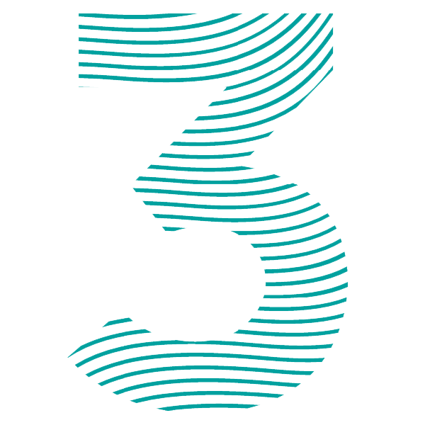 A large numeral three designed with thin, turquoise stripes on a white background.