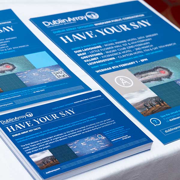 Three blue flyers for DublinArray's webinar, titled 'Have Your Say', featuring images and key facts about Dublin Array.
