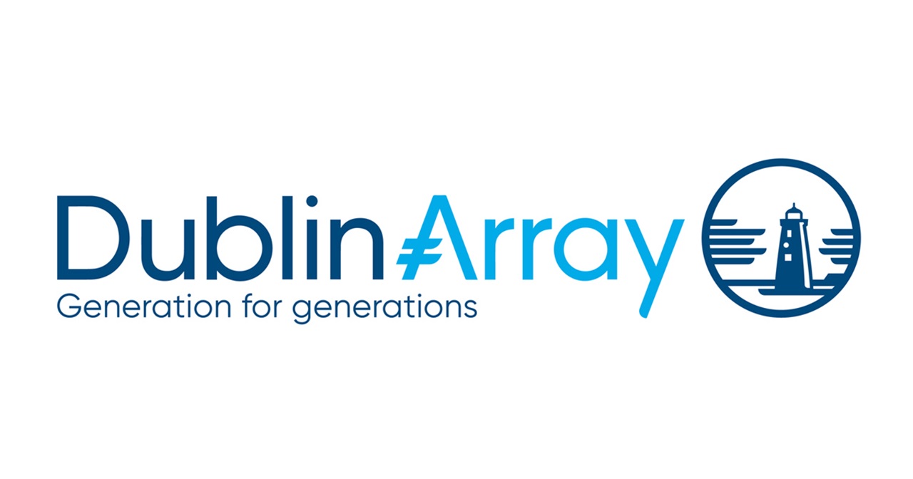 The Dublin Array logo features bold blue text with a lighthouse symbol, representing sustainability for generations.