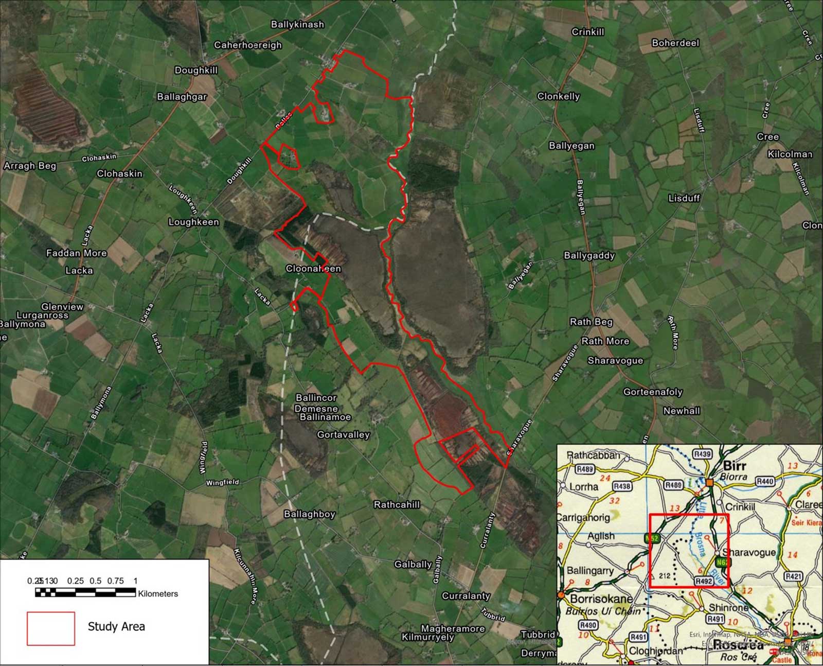 A detailed satellite map showing the study area outlined in red, including surrounding villages, fields, and roads.