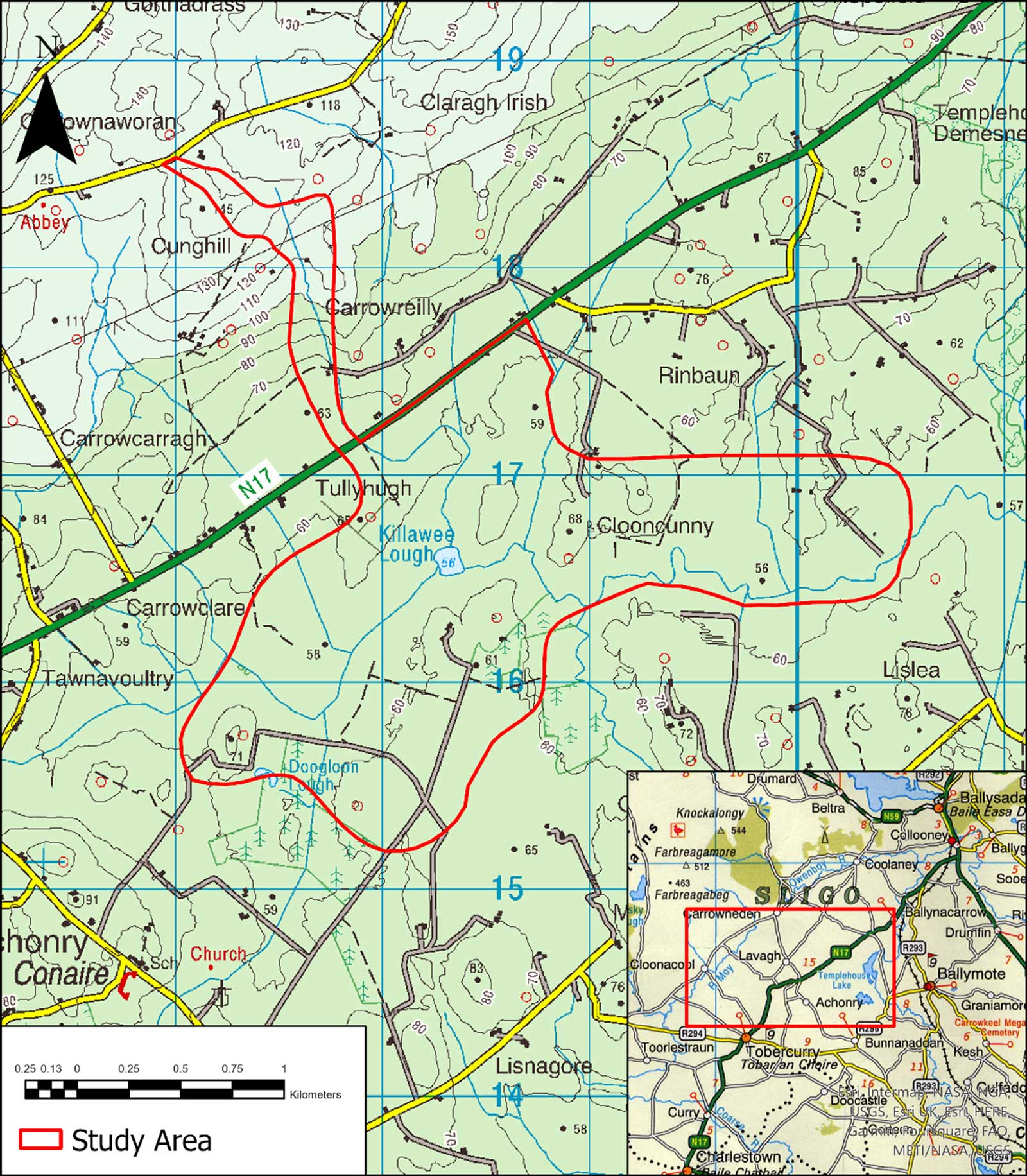 A detailed topographical map showing the study area outlined in red, with features like roads, lakes, and elevations marked.