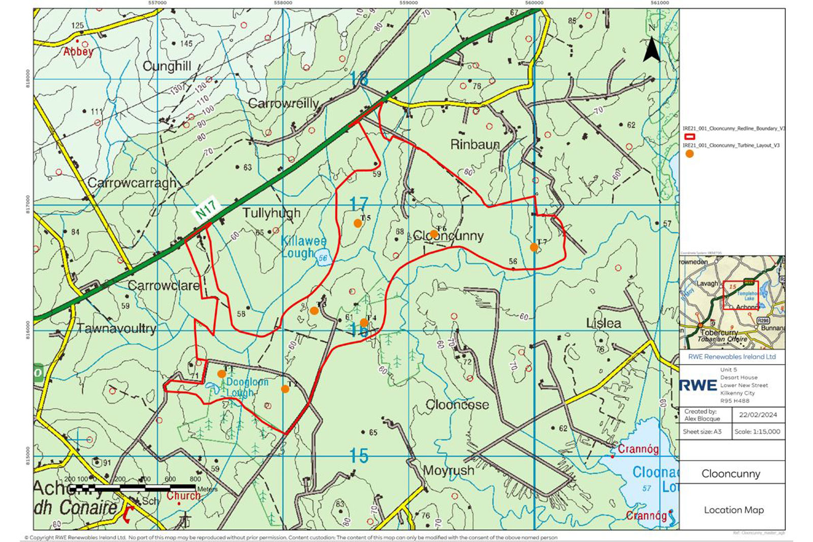 A topographical map showing roads, waterways, and outlined areas near Clooncunny and surrounding regions.