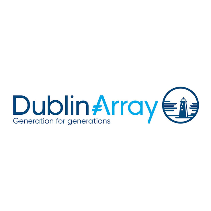 A logo for Dublin Array featuring blue text and a lighthouse icon, with the tagline 'Generation for generations'.