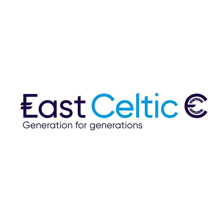Logo of East Celtic with a tagline 'Generation for generations'. The logo features a stylised 'E' and uses blue and dark purple colours.