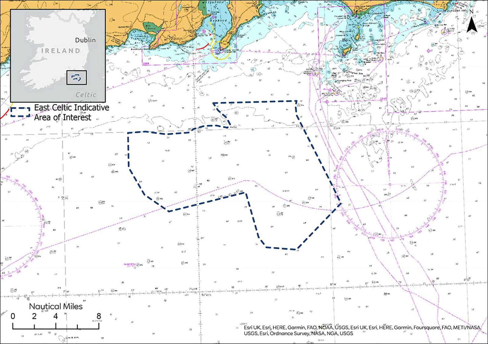 Nautical map showing the East Celtic indicative area of interest near Dublin, with depth contours and navigational markers.