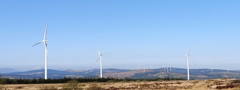 A landscape featuring multiple wind turbines on rolling hills under a clear blue sky, surrounded by greenery.