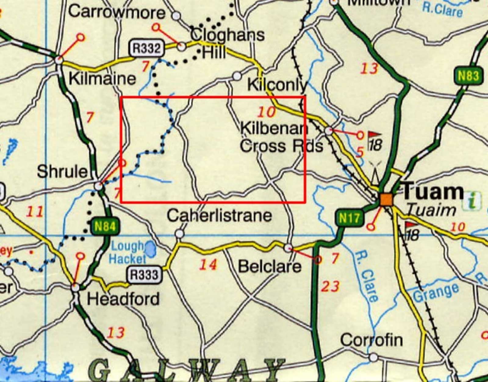 A map highlighting Kilbenar Cross Roads, surrounded by Shrule, Caherlistrane, and Tuam, with various road markings.