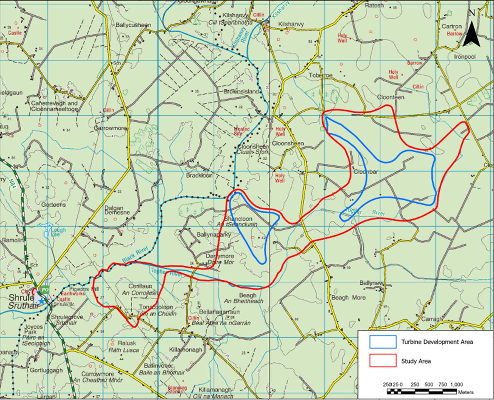 Map showing turbine development area in blue and study area in red, with geographical features and grid lines.